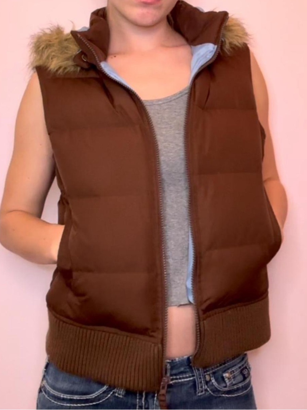 Y2K brown puffer vest with removable faux fur hood